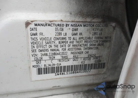 2006 Nissan Altima 3.5 Sl from USA, damaged, VIN 1N4BL11D86N410022